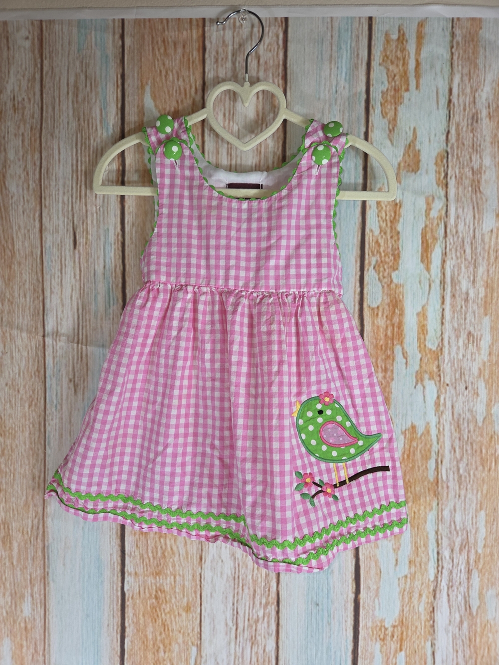 Lil Cactus Pink Gingham Girls' Dress w/Green Bird Applique. 100% Cotton. 6-12m